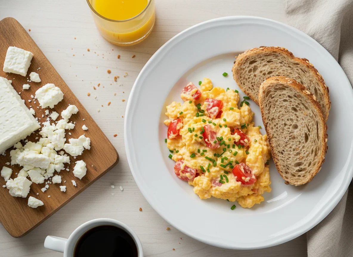 Breakfast with Scrambled Eggs, Cheese, and Bread photo