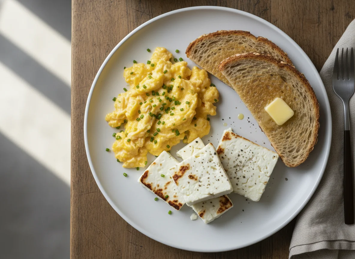Breakfast with Scrambled Eggs, Cheese, and Toast photo