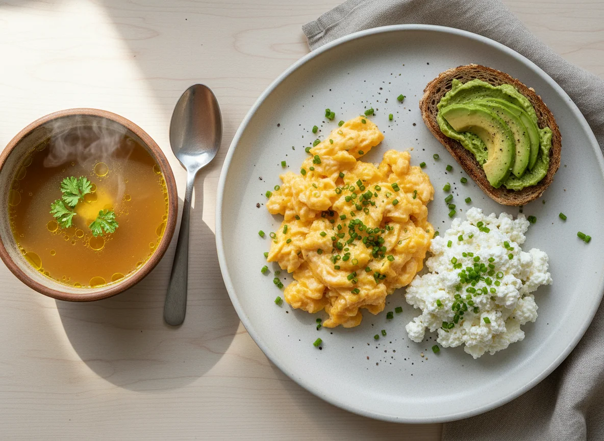 Breakfast with Scrambled Eggs, Cottage Cheese, and Bone Broth photo