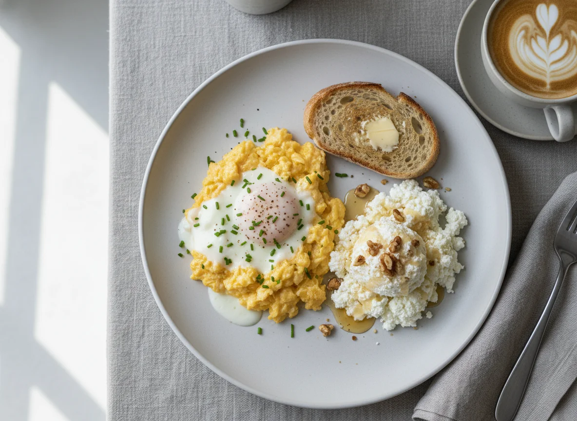 Breakfast with Scrambled Eggs, Cottage Cheese and Coffee photo