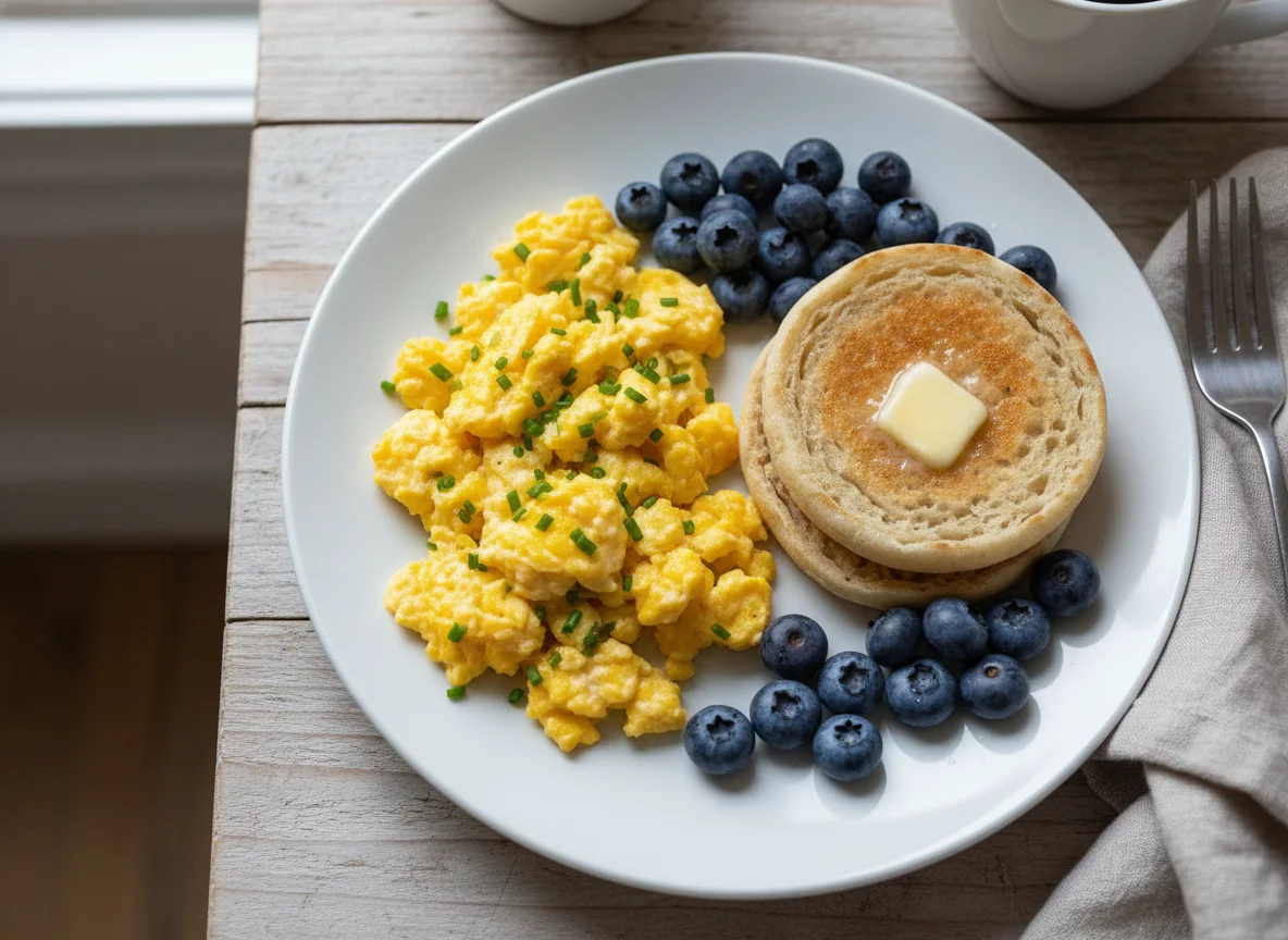 Breakfast with Scrambled Eggs, English Muffin, and Blueberries photo