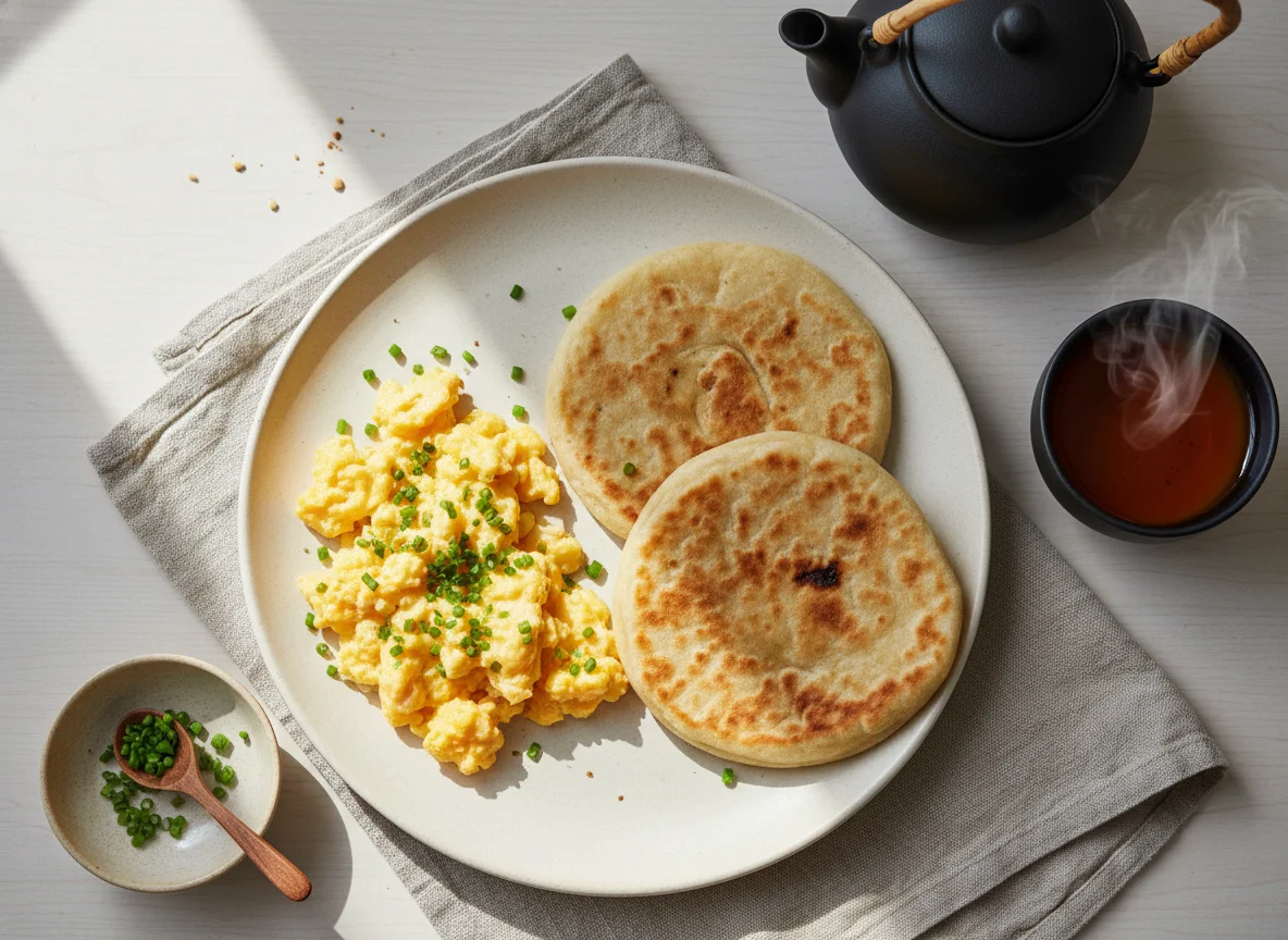 Breakfast with Scrambled Eggs, Flatbread, and Tea photo