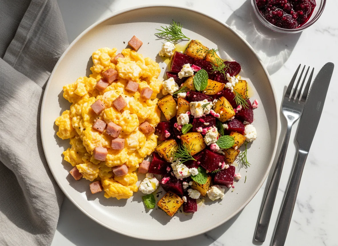 Breakfast with Scrambled Eggs, Ham, and Beet Salad photo