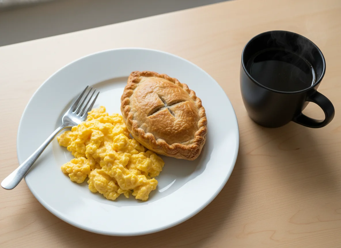 Breakfast with Scrambled Eggs, Pastry, and Coffee photo