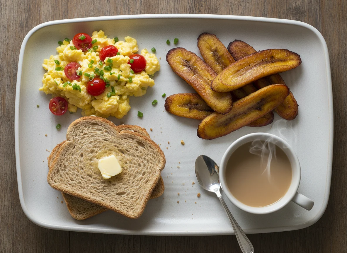 Breakfast with Scrambled Eggs, Plantains, Toast, and Tea photo