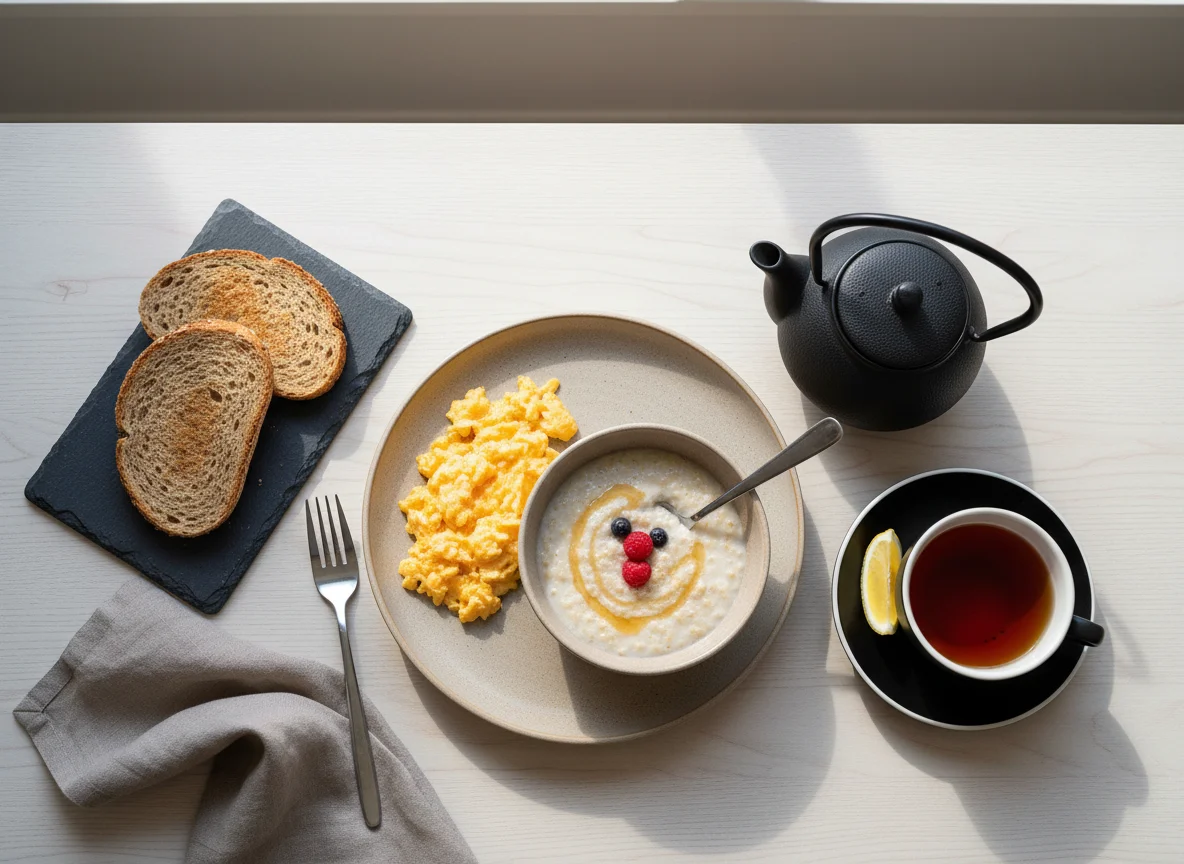 Breakfast with Scrambled Eggs, Porridge, Bread, and Tea photo