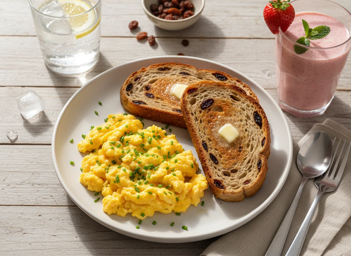 Breakfast with Scrambled Eggs, Raisin Toast, and Smoothie photo