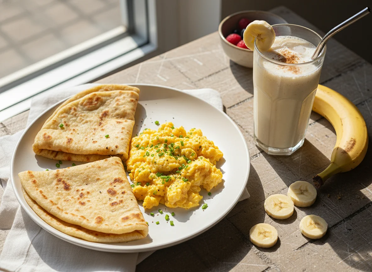 Breakfast with Scrambled Eggs, Roti, and Banana Milkshake photo