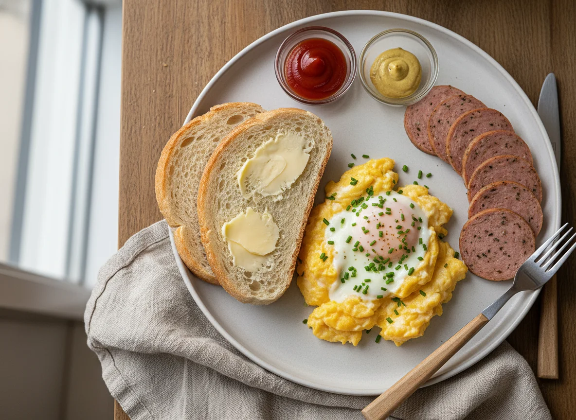 Breakfast with Scrambled Eggs, Sausage, and Bread photo