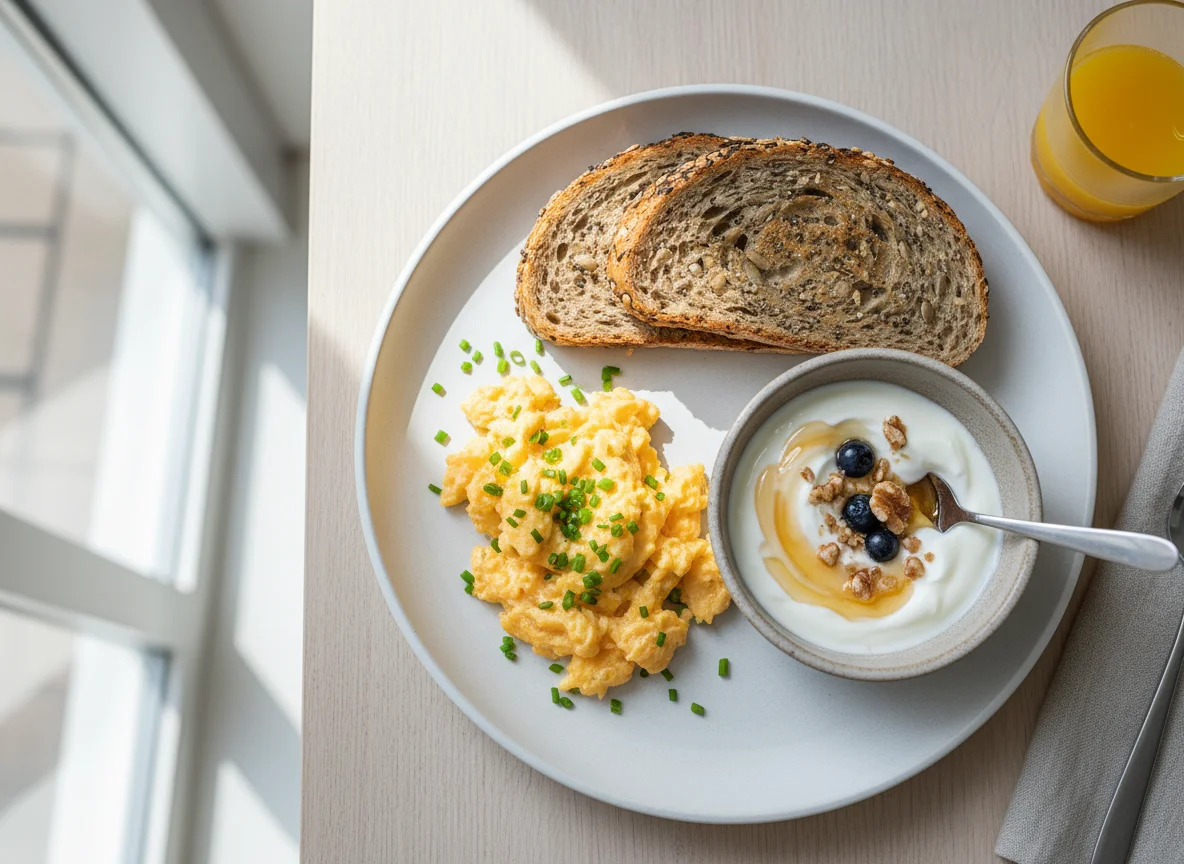 Breakfast with Scrambled Eggs, Seeded Bread, and Yogurt with Honey photo