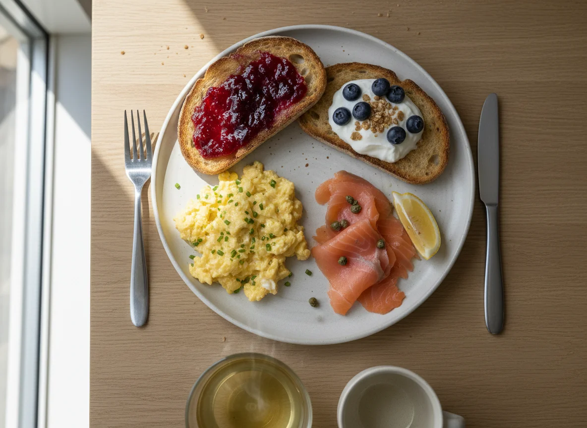 Breakfast with Scrambled Eggs, Smoked Salmon, and Toast photo