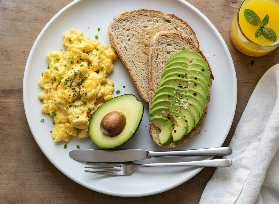Breakfast with Scrambled Eggs, Toast, and Avocado photo