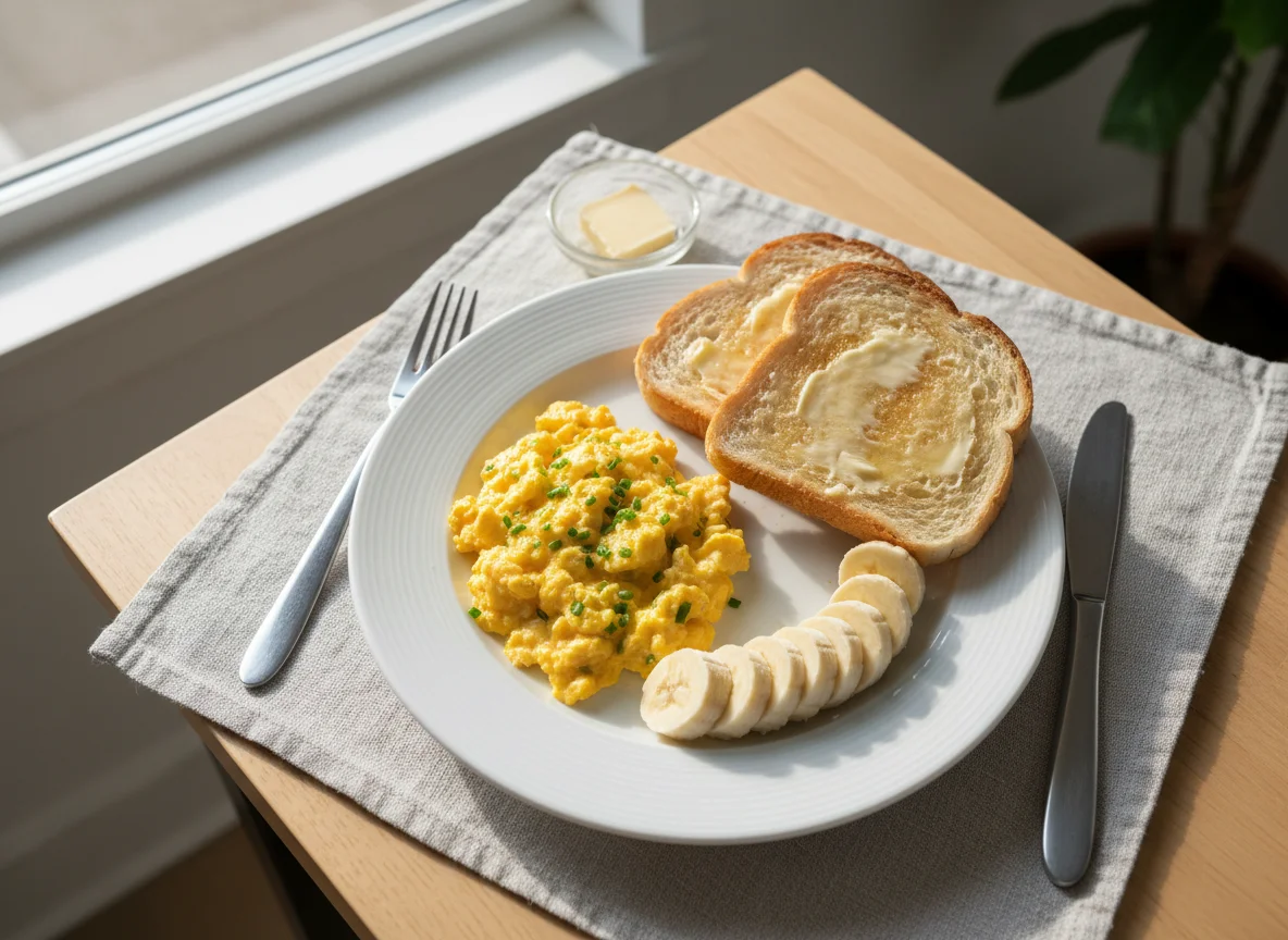 Breakfast with Scrambled Eggs, Toast, and Banana photo