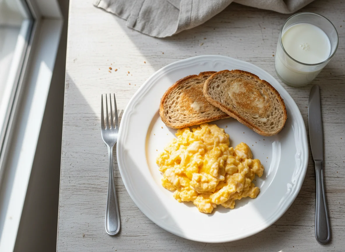 Breakfast with Scrambled Eggs, Toast and Milk photo