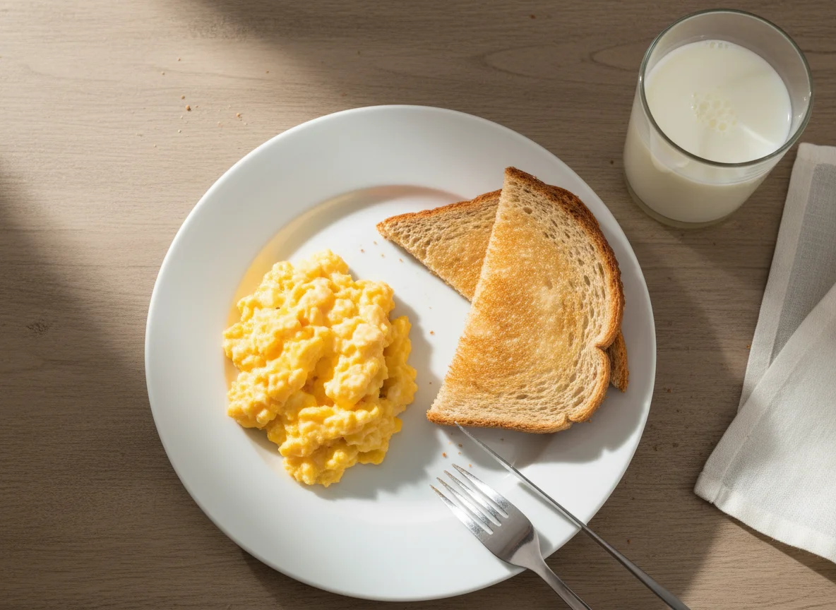Breakfast with Scrambled Eggs, Toast, and Milk photo