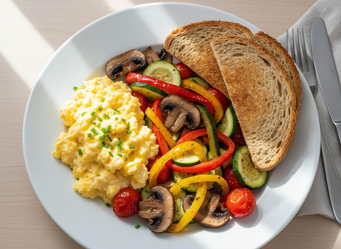 Breakfast with Scrambled Eggs, Toast and Sautéed Vegetables photo