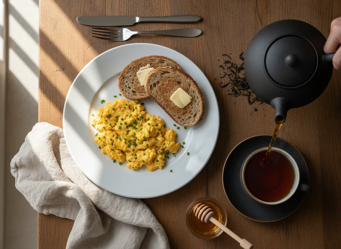 Breakfast with Scrambled Eggs, Toast, and Tea photo