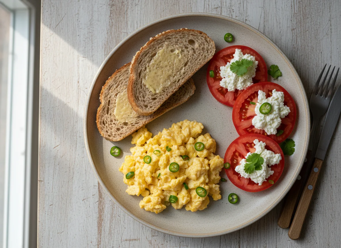 Breakfast with Scrambled Eggs, Toast, and Tomatoes photo