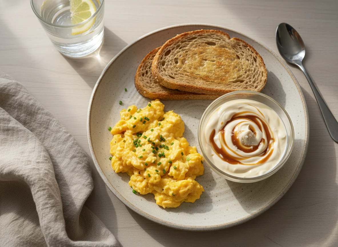 Breakfast with Scrambled Eggs, Toast, and Yogurt photo