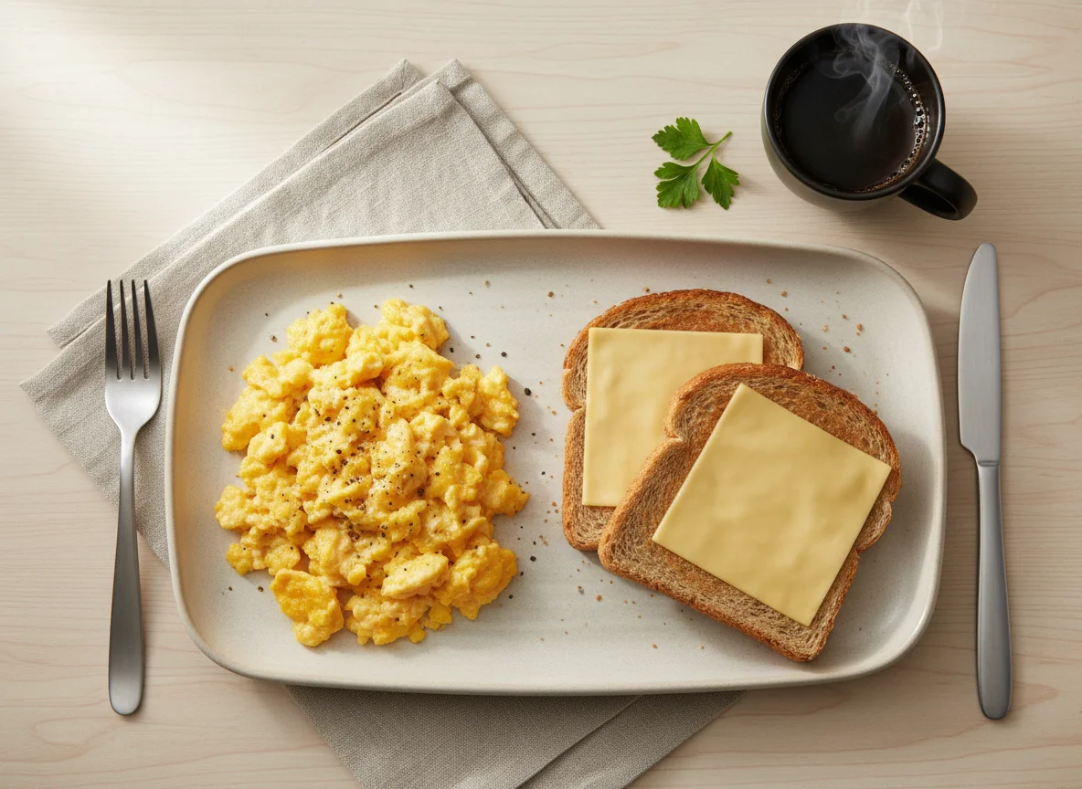 Breakfast with Scrambled Eggs, Toast, Cheese, and Coffee photo