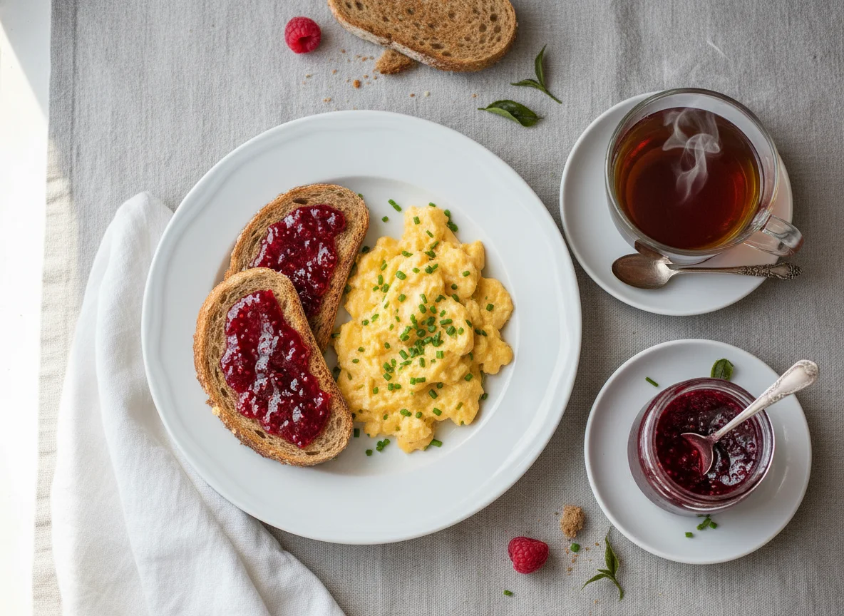 Breakfast with Scrambled Eggs, Toast, Jam and Tea photo