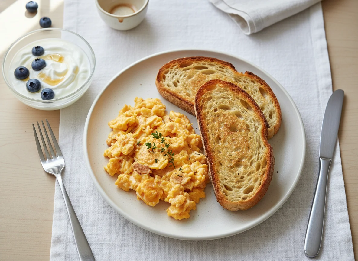 Breakfast with Scrambled Eggs, Toasted Bread, and Yogurt photo