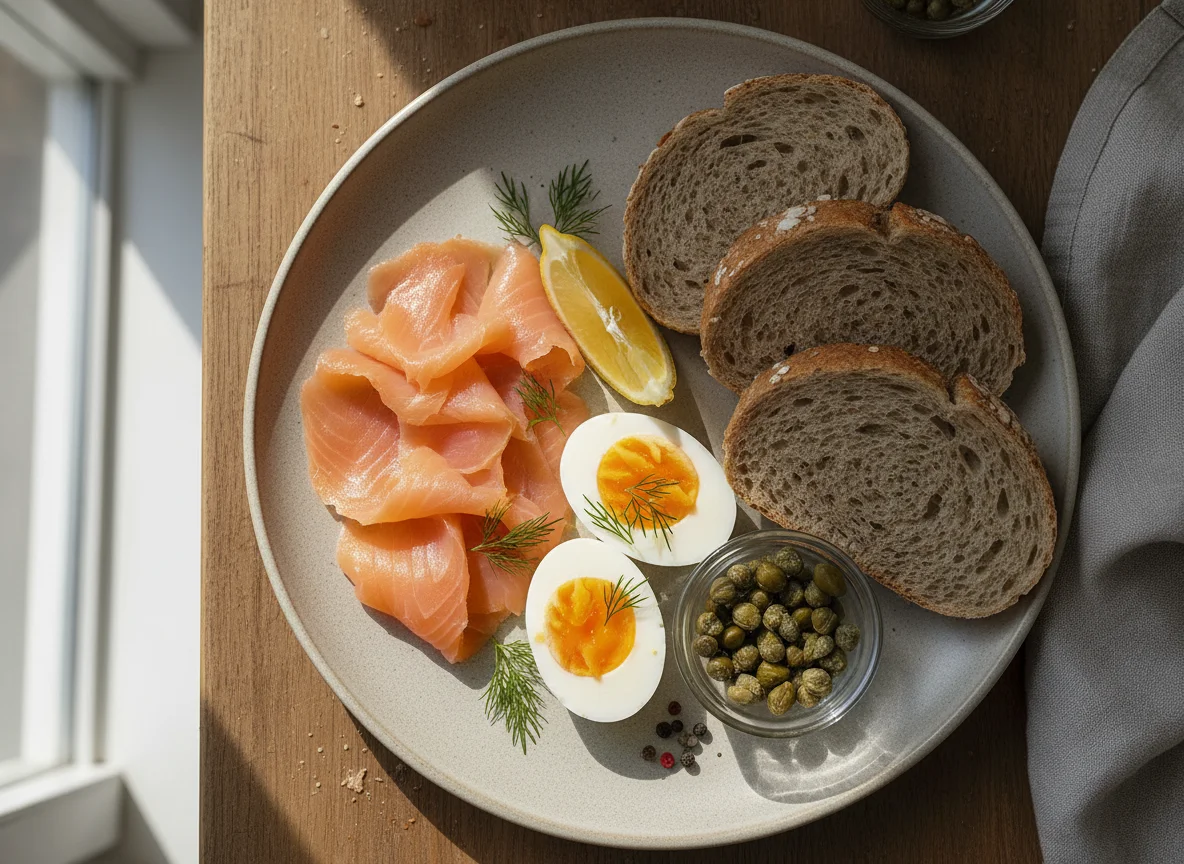 Breakfast with Smoked Salmon, Eggs, and Bread photo