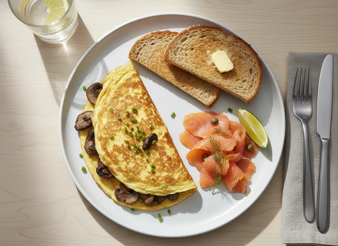 Breakfast with Smoked Salmon, Mushroom Omelette, and Toast photo