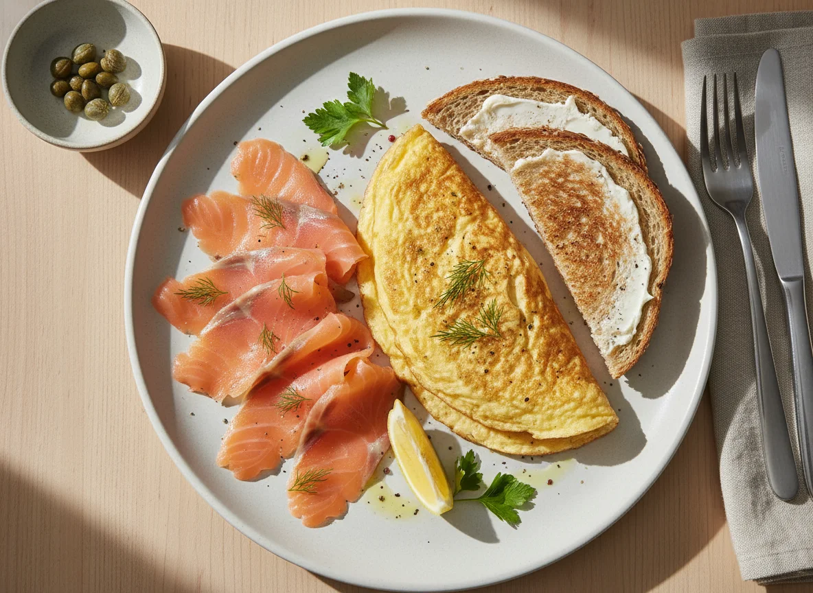 Breakfast with Smoked Salmon, Omelette, and Toast photo