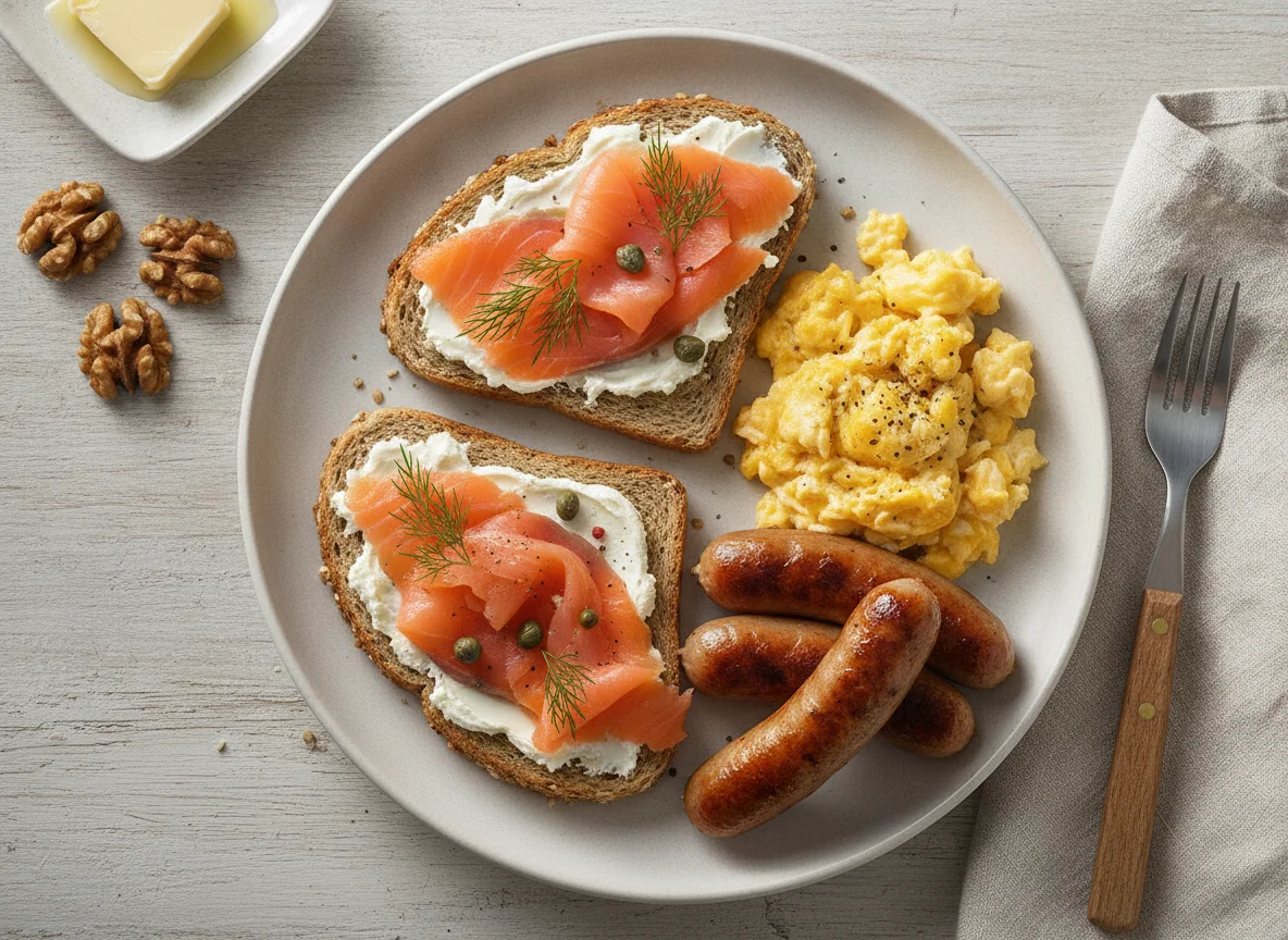 Breakfast with Smoked Salmon Toast, Scrambled Eggs, Sausages, and Walnuts photo