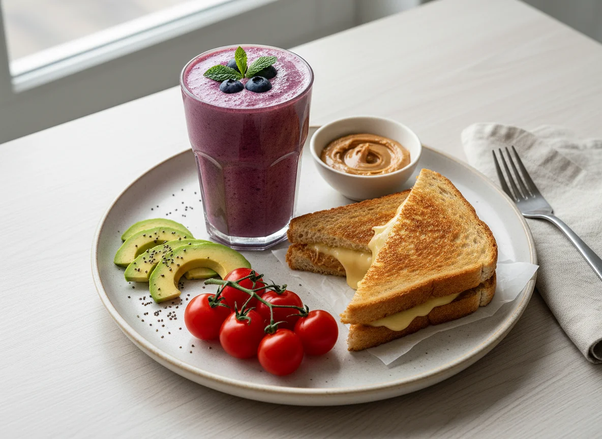 Breakfast with Smoothie and Grilled Sandwich photo