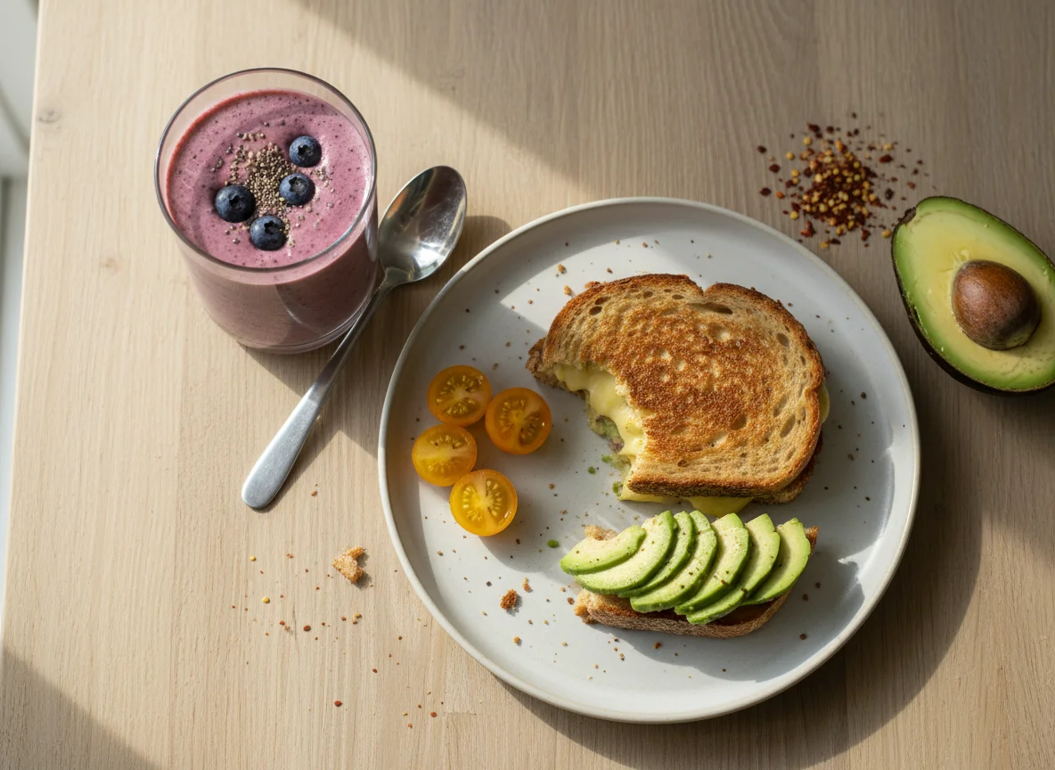 Breakfast with Smoothie and Sandwich photo