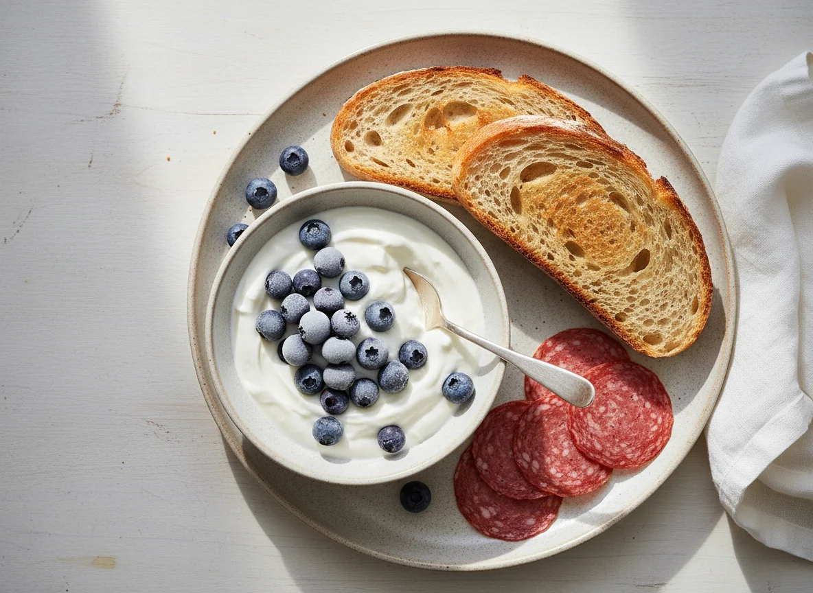 Breakfast with Sourdough, Salami, Blueberries and Yogurt photo