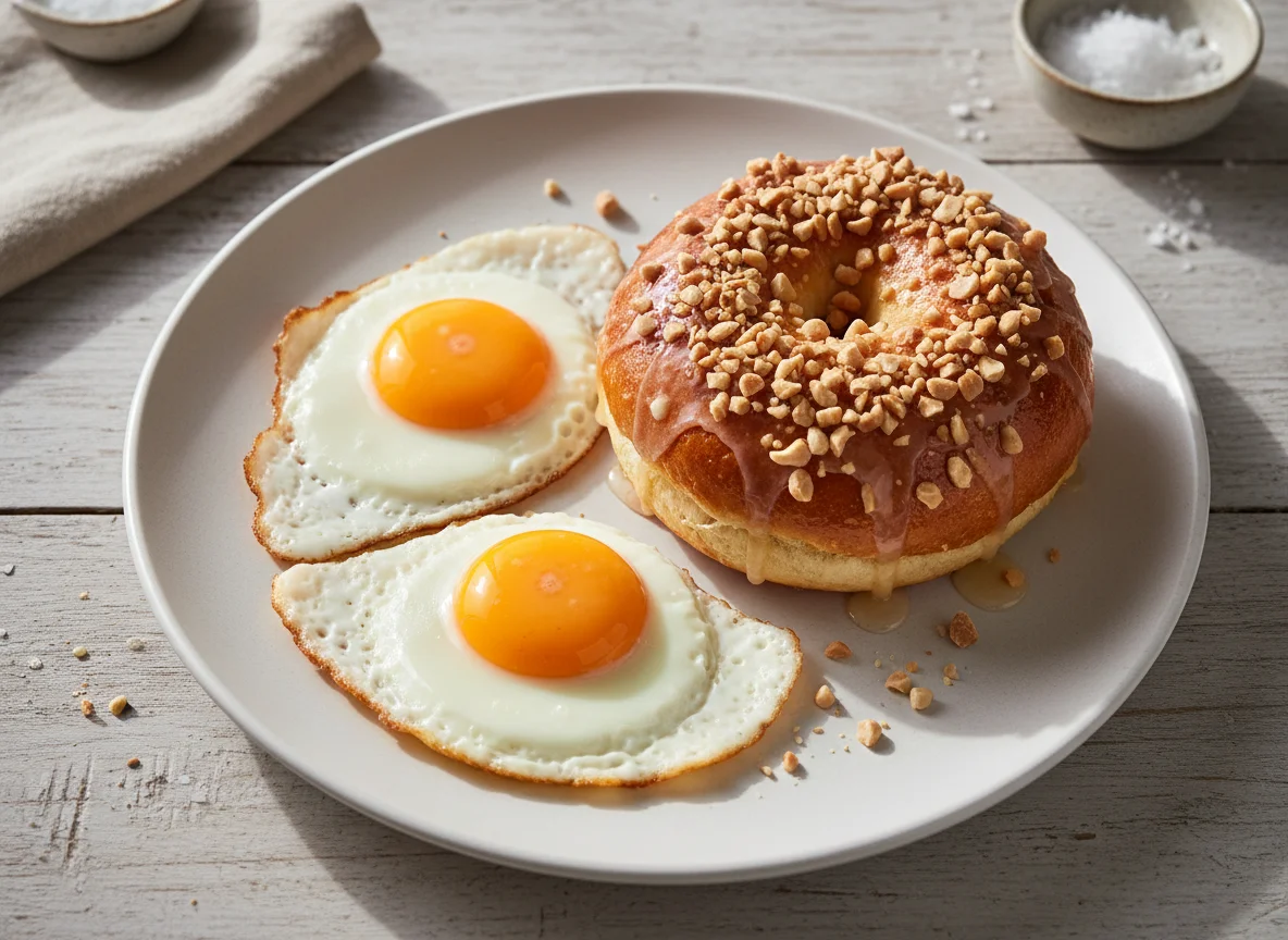 Breakfast with Sweet Bun and Fried Eggs photo