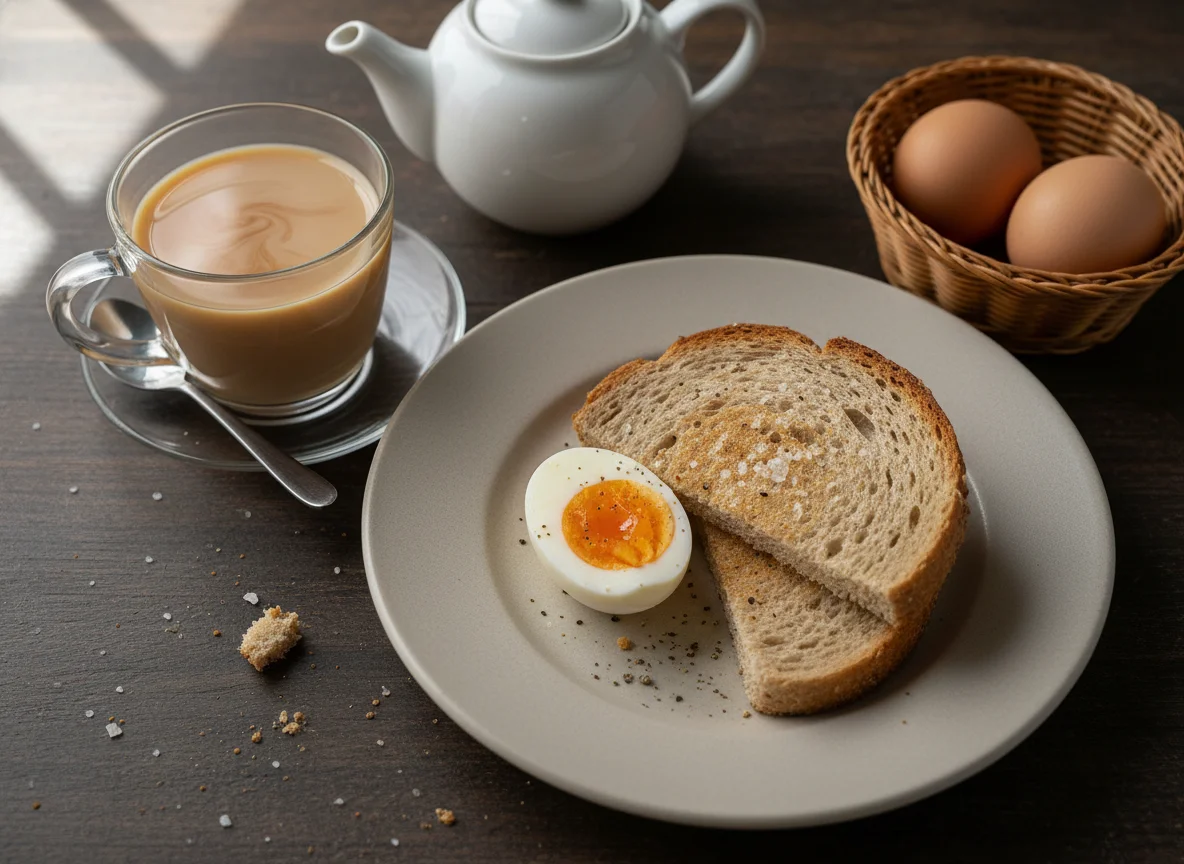 Breakfast with Tea, Bread, and Eggs photo