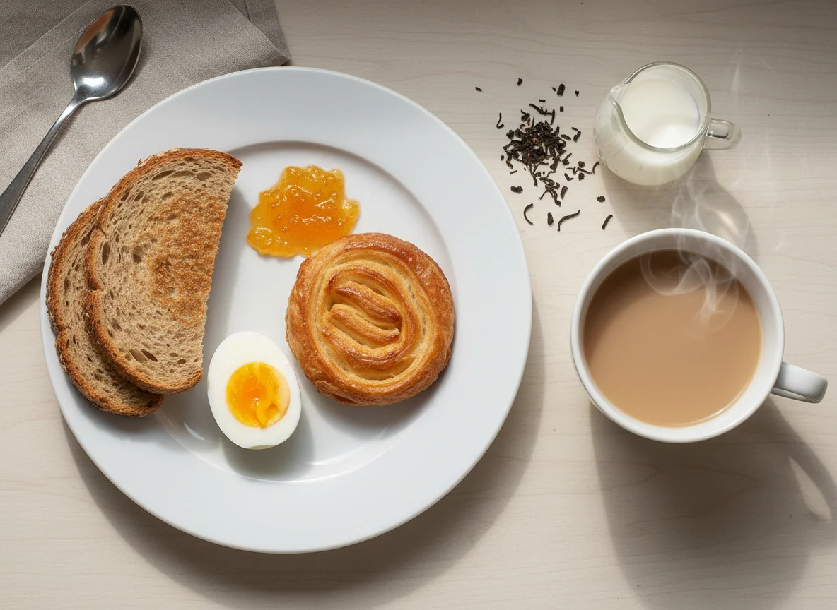 Breakfast with Tea, Toast, Egg, and Pastry photo