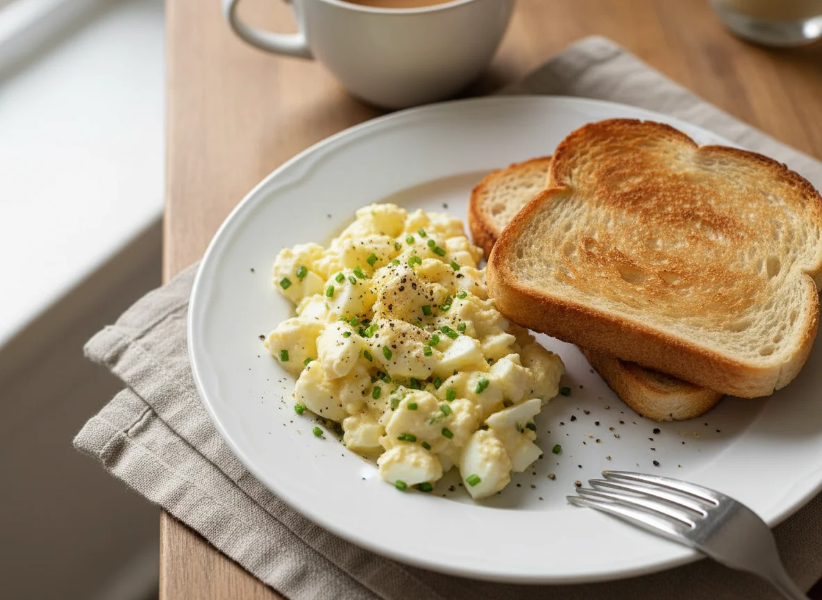Breakfast with Toast and Chopped Eggs photo