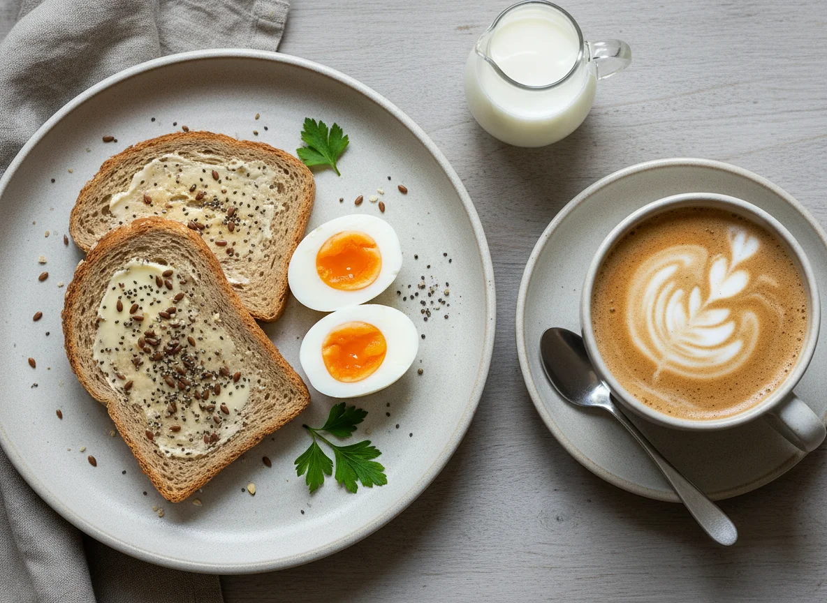 Breakfast with Toast, Boiled Eggs, and Coffee/Tea with Milk photo