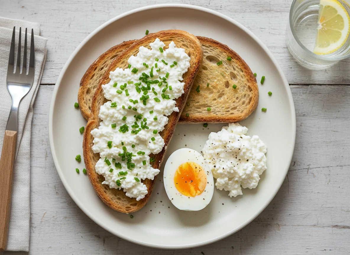 Breakfast with Toast, Cottage Cheese, and Egg photo
