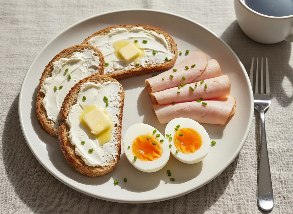 Breakfast with toast, egg, and cold cuts photo