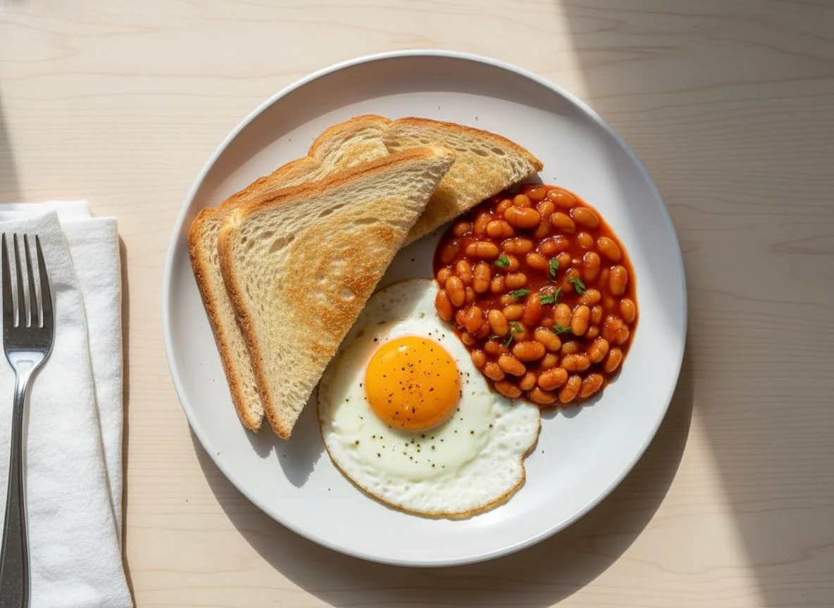 Breakfast with Toast, Eggs, and Baked Beans photo