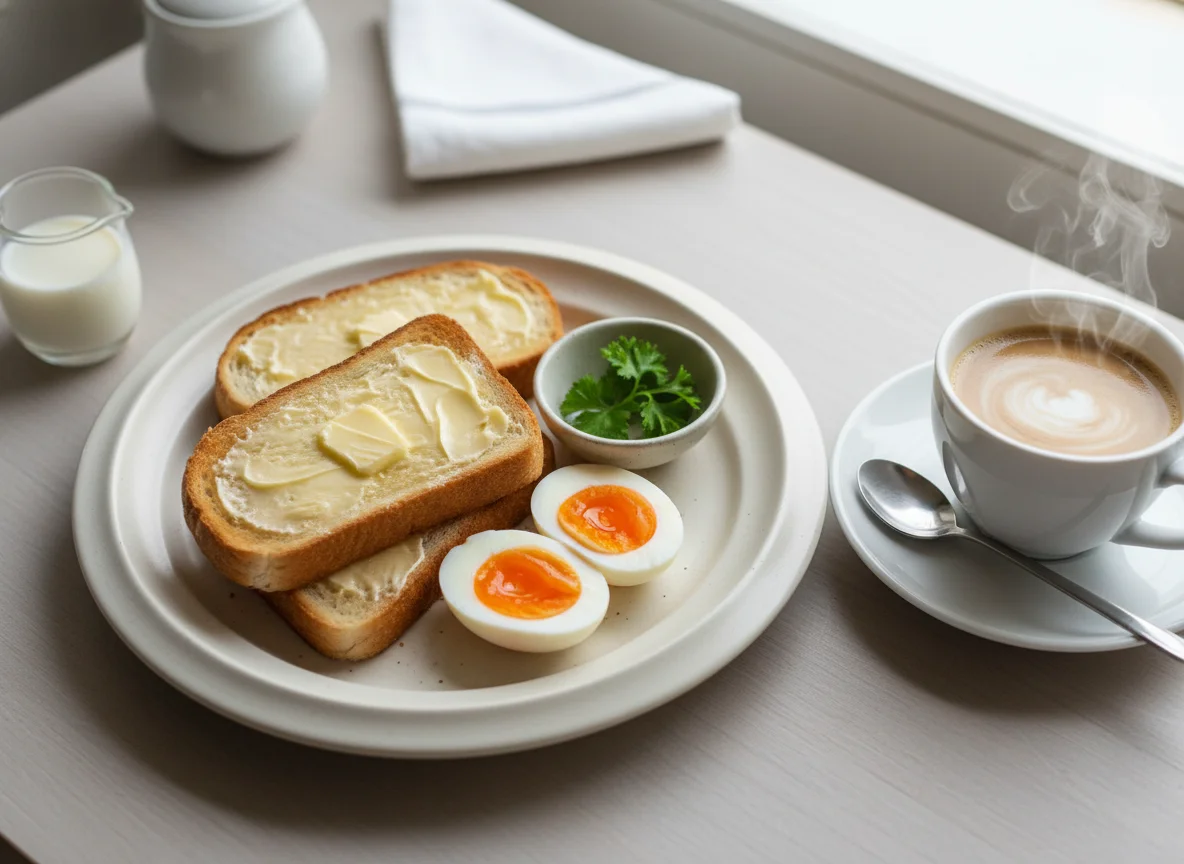 Breakfast with Toast, Eggs and Coffee photo