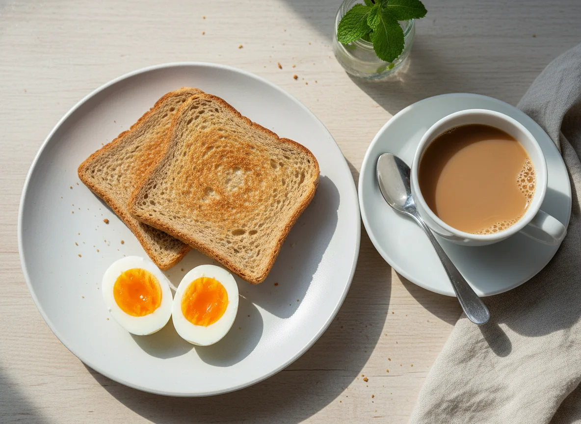 Breakfast with Toast, Eggs, and Tea photo