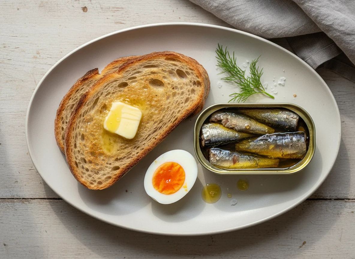 Breakfast with Toast, Eggs, and Tinned Fish photo