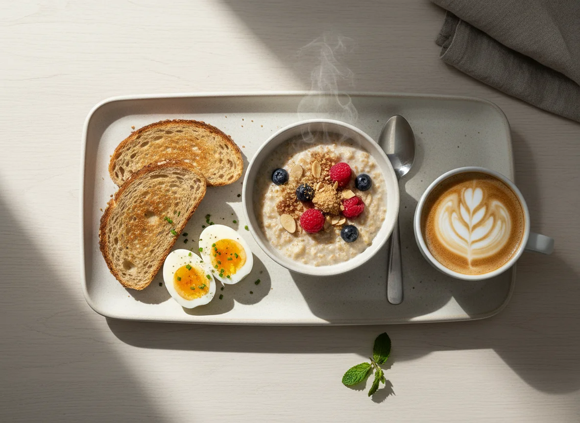 Breakfast with Toast, Eggs, Oatmeal, and Coffee photo