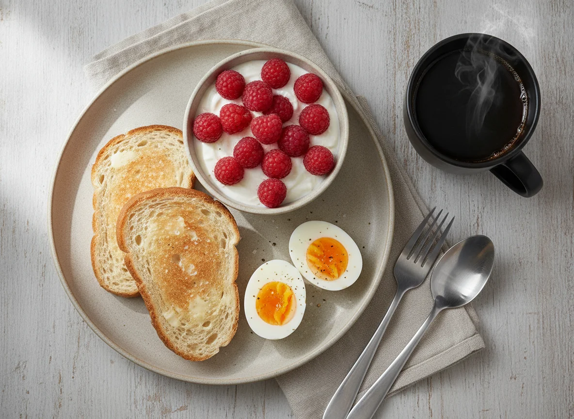 Breakfast with Toast, Eggs, Raspberries, Yogurt and Coffee photo