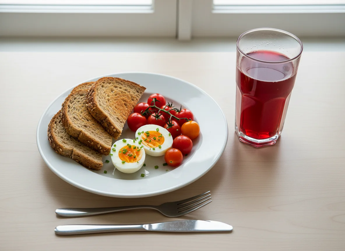 Breakfast with Toast, Eggs, Tomatoes, and Juice photo