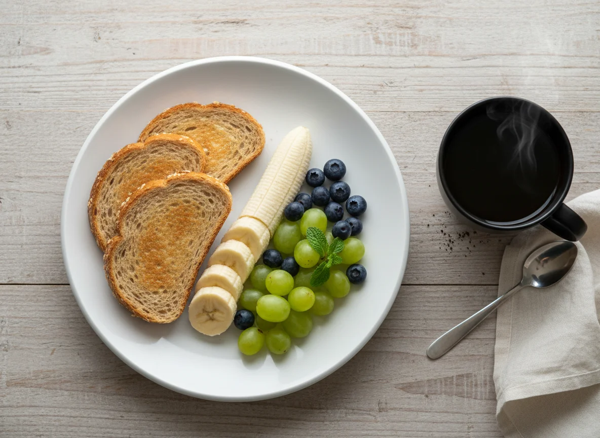 Breakfast with Toast, Fruit, and Coffee photo