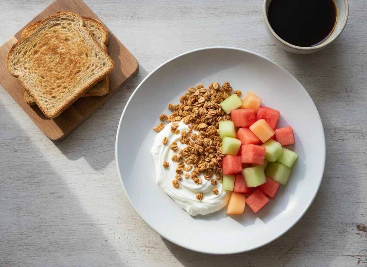 Breakfast with Toast, Fruit, Yogurt, and Granola photo