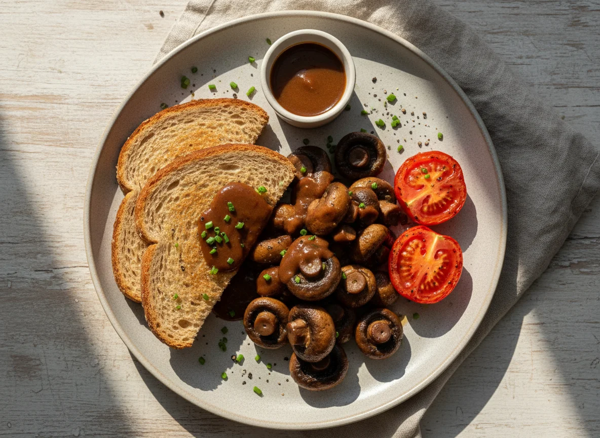 Breakfast with Toast, Mushrooms, and Tomatoes photo